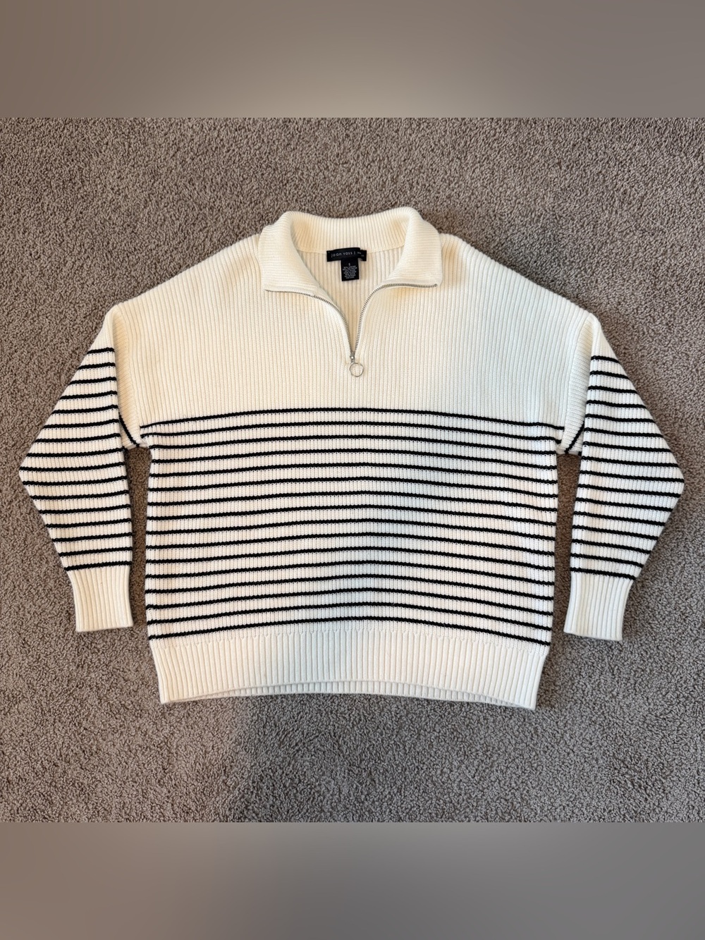 Joan Vass Cream & Black Striped Half-Zip Sweater